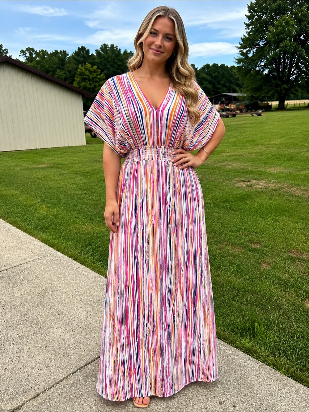 Nina Leonard Multicolor Striped V-Neck Maxi Dress